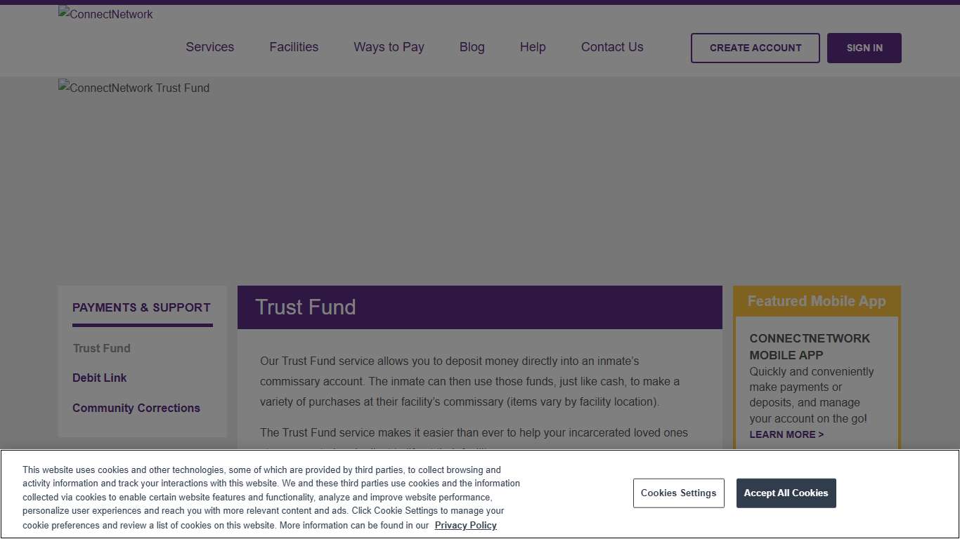 ConnectNetwork Trust Fund Deposits for inmate commissary